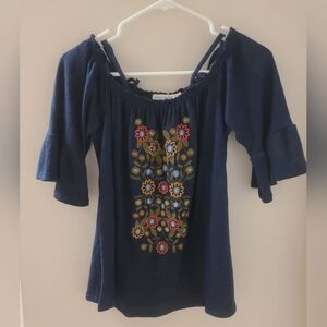 Navy Blue Ruffled Bell Sleeve Blouse